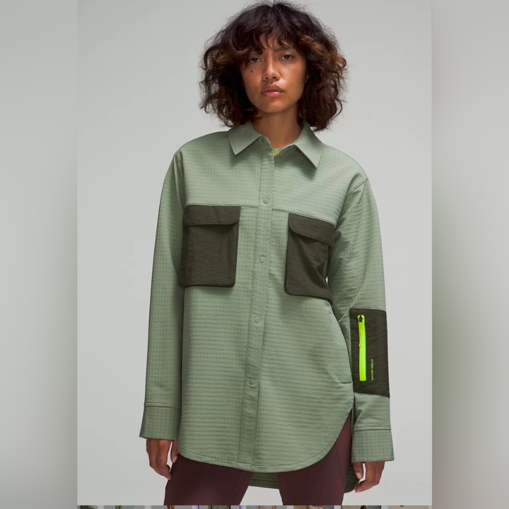This is a Lululemon Grid Fleece Hiking Overshirt in Sage Green